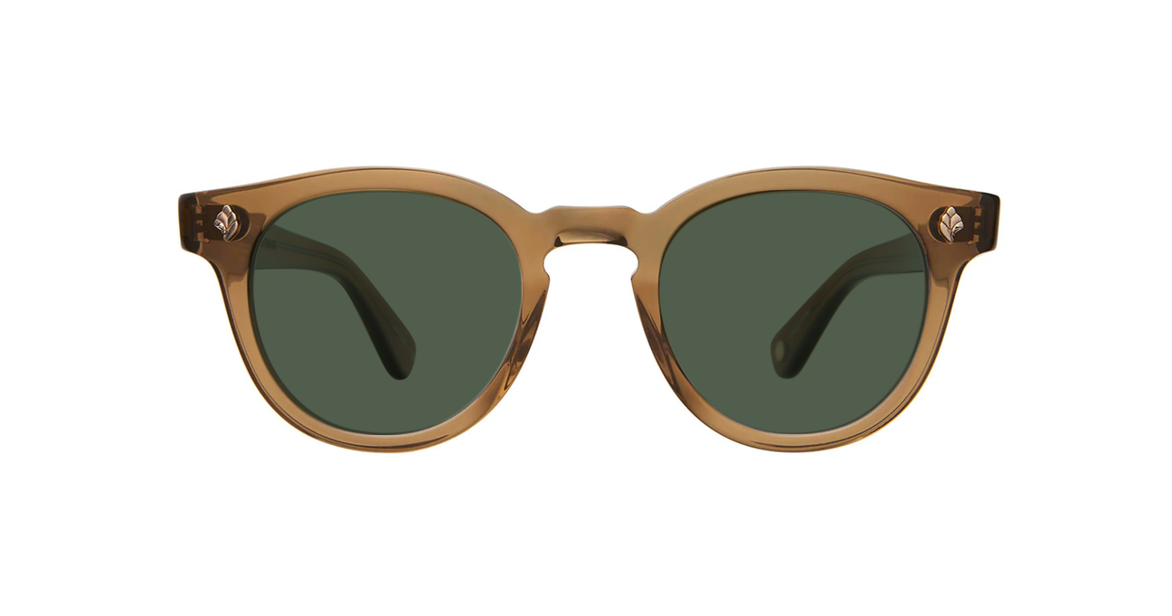 Caramel Brown sunglasses with green lenses on a white background
