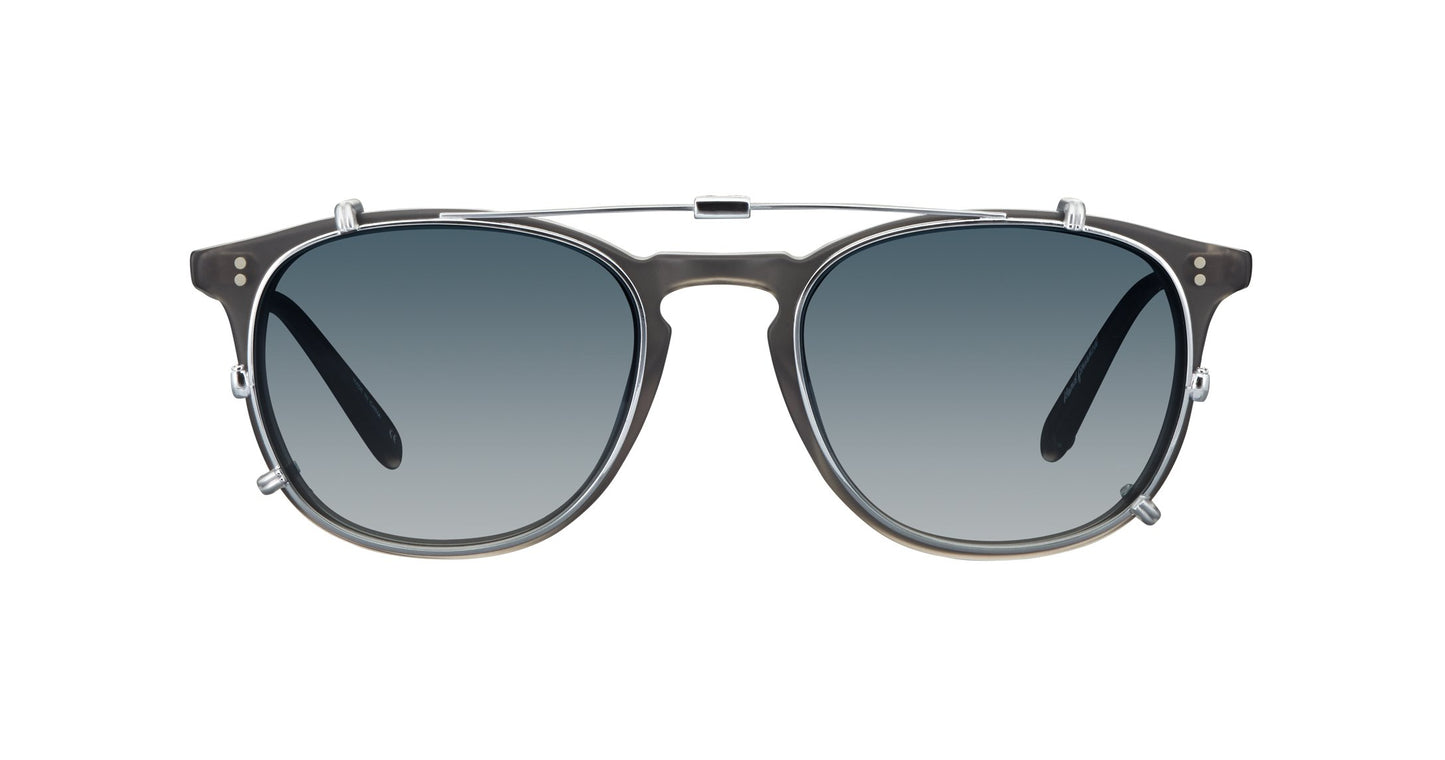 A folding sunglass clip in Silver created for the Garrett Leight California Optical Kinney eyeglass, available in two sizes and multiple colorways.
