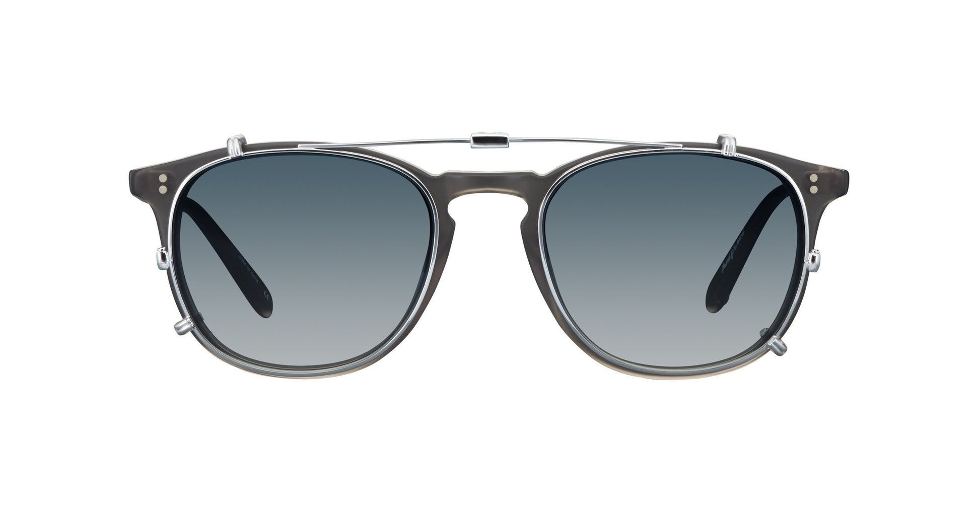 A folding sunglass clip in Silver created for the Garrett Leight California Optical Kinney eyeglass, available in two sizes and multiple colorways.